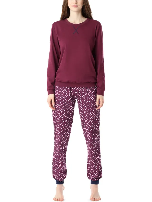 Merry Style MS-MS10-168-PJ Dames Pyjama - ronde hals - lange mouwen - lange broek met zakken - Katoen - Wijn/Sterren