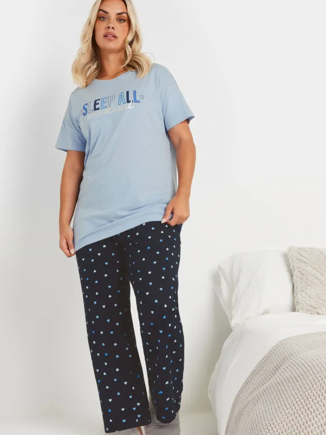 Yours Pyjamaset Met 'Sleep All Weekend' Slogan En Wijde Pijpen In Blauw-44, foto 2