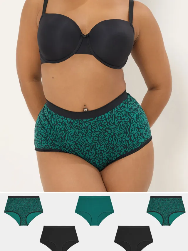 Yours 5 Pack Tealgroene Slips Met Volledige Dekking Met Dierenprint-48 Green