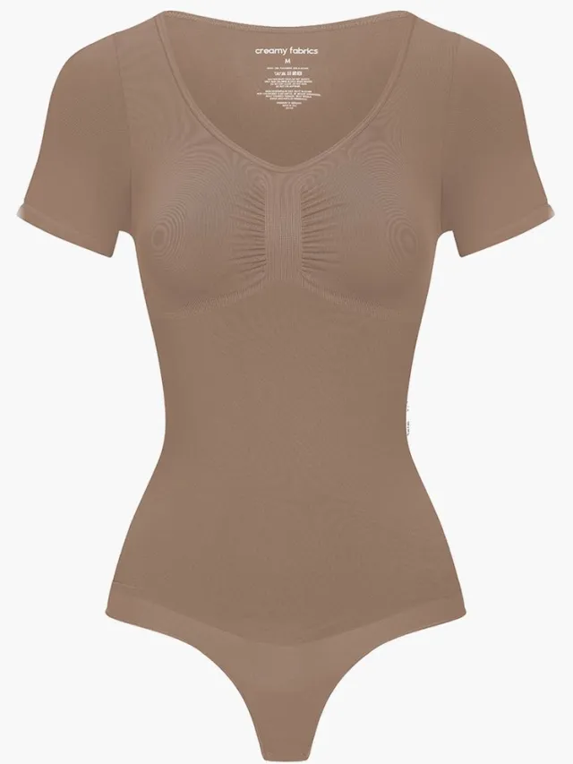cfab T-shirt bodysuit met corrigerende werking en koordjes - Caramel - 5XL - Corrigerende Body - Naadlos - corrigerend ondergoed dames