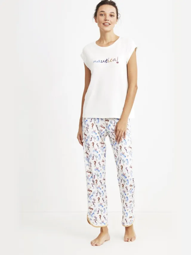 Nautica Dames Pyjama Set, Korte Mouwen Wit