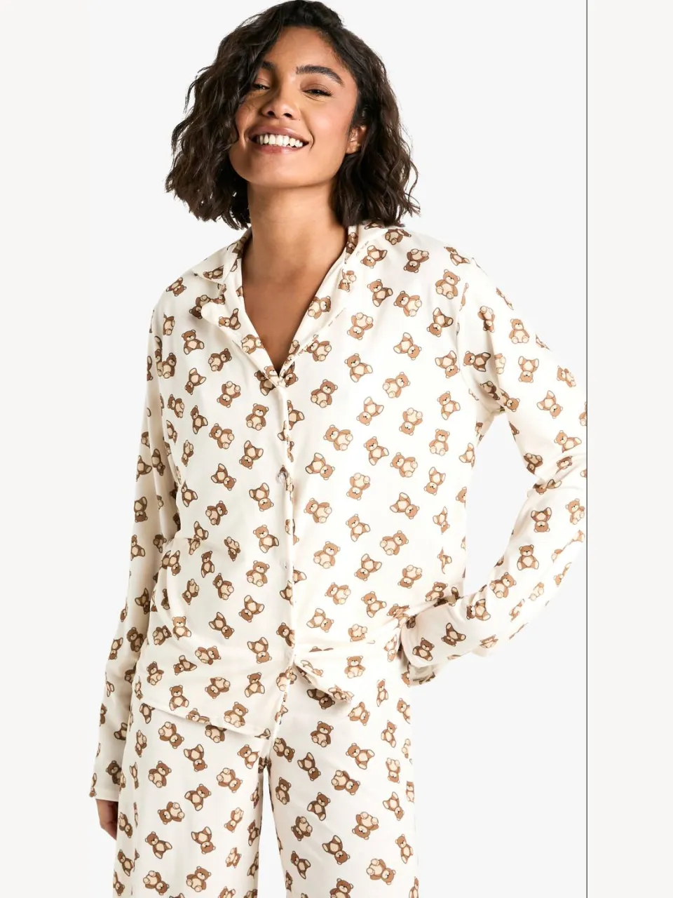 boohoo Dames Tall Bear Print Long Sleeve Shirt & Trousers Pyjama Set bruin, foto 3