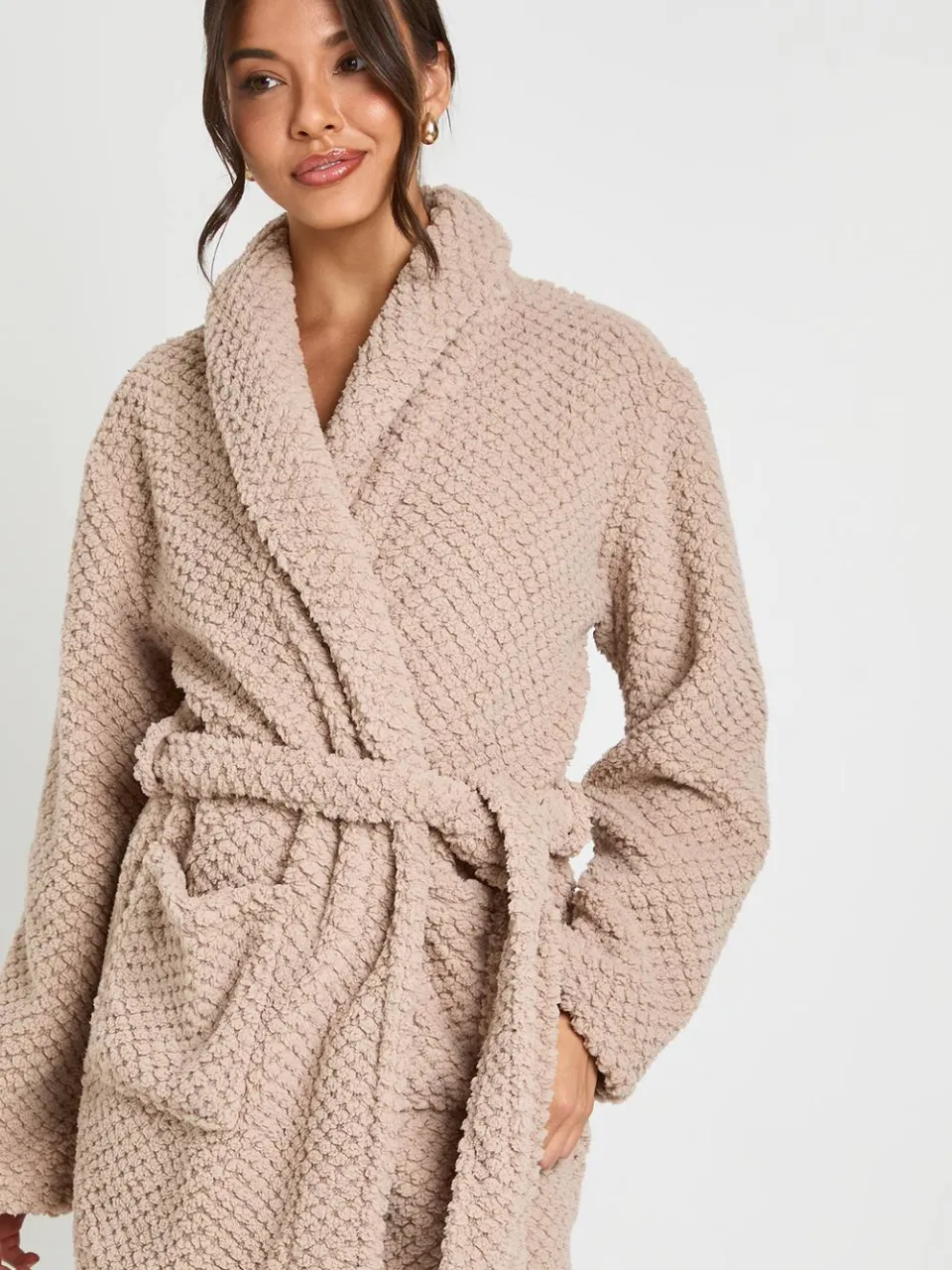 boohoo Dames Wafel Fleece Lange Badjas beige, foto 4