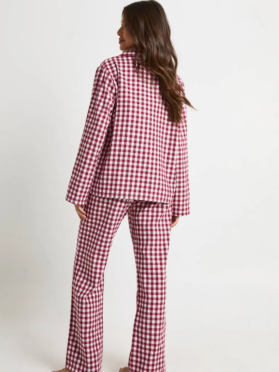 boohoo Dames Geborsteld geruite langarmige overhemd & broekpyjamaset bordeaux rood, foto 2