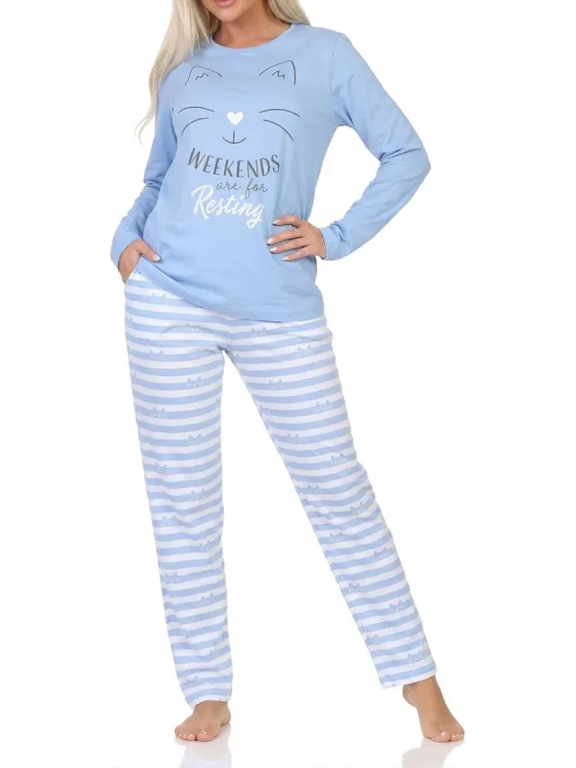 Normann dames pyjama met lange mouwen in kattenlook – ook in grote maten hellblau