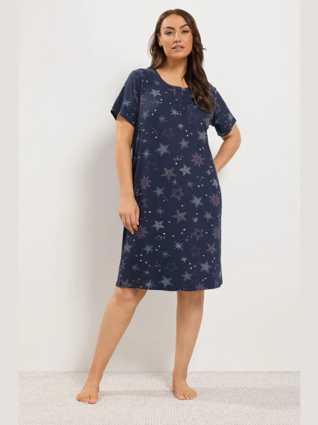 Yours Curve Marineblauw Midaxi Nachthemd Met Mozaïekprint Met Sterren En Knoopjes-44 Blue