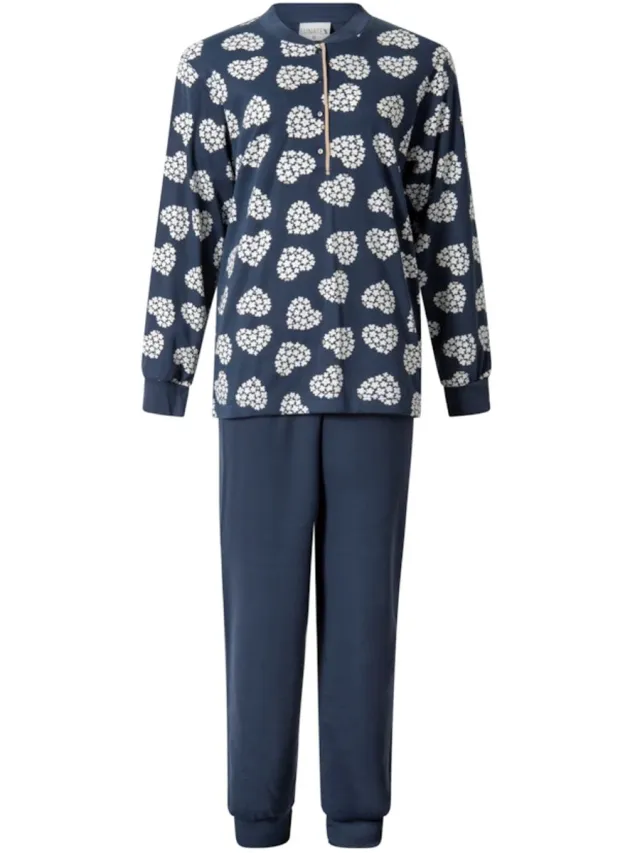 Lunatex interlock dames pyjama lange mouwen - Hartjes - Donkerblauw /