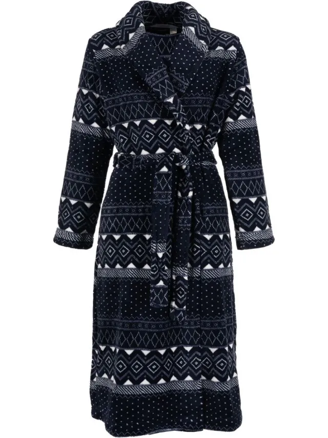 Pastunette Dames badjas met Noorse print - Pastunette badjas van hoogwaardig fleece - luxe badjas voor dames Blauw Noorse print