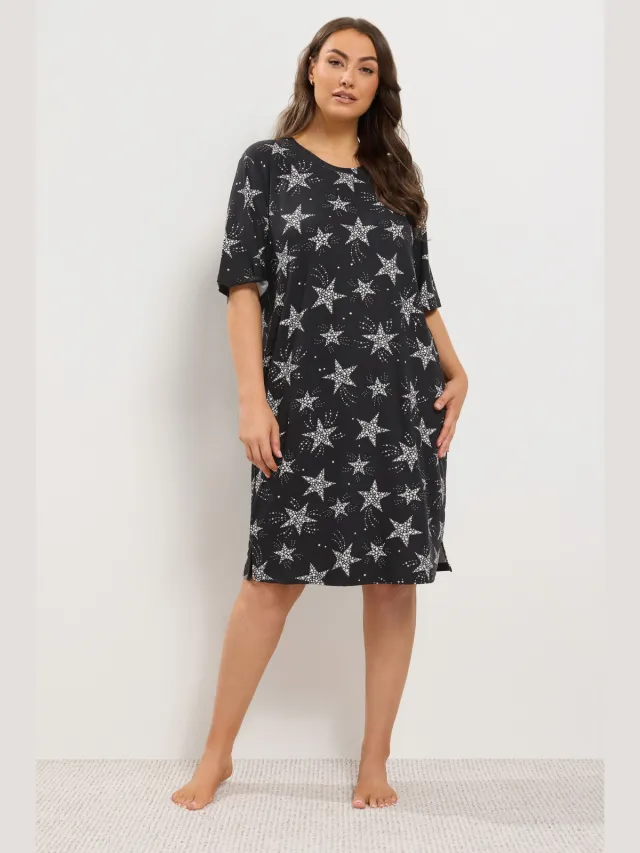 Yours Curve Nachthemd Van Zachte Stof Met Sterrenprint In Zwart-44 Black