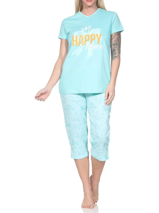 Normann dames Capri pyjama korte mouw pyjama in een klassieke look met strikken als motief türkis