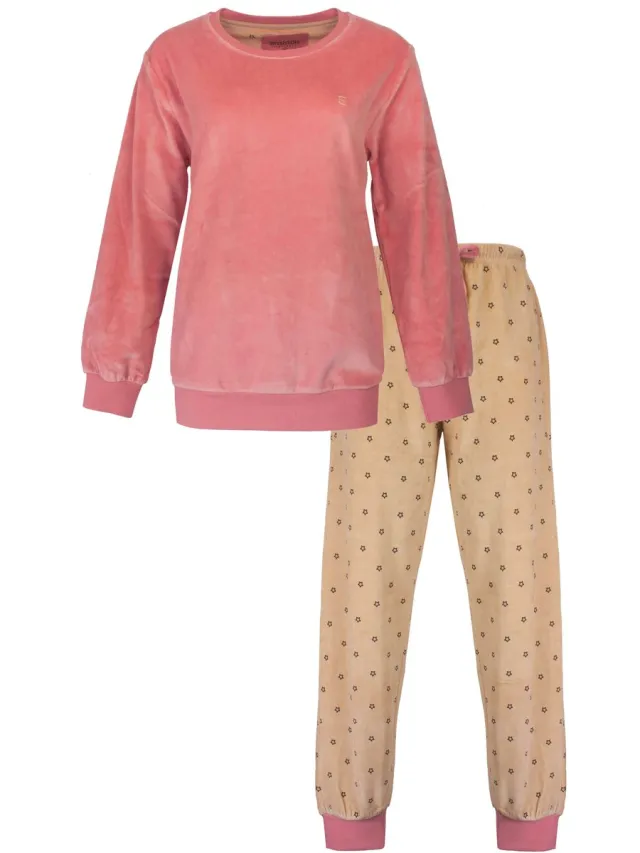 Irresistible Dames Pyjama - Lange Mouwen - Rond hals - Velours - Roze