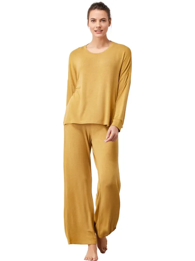 Penye Mood Dames Pyjama Set, Lange Mouwen Geel