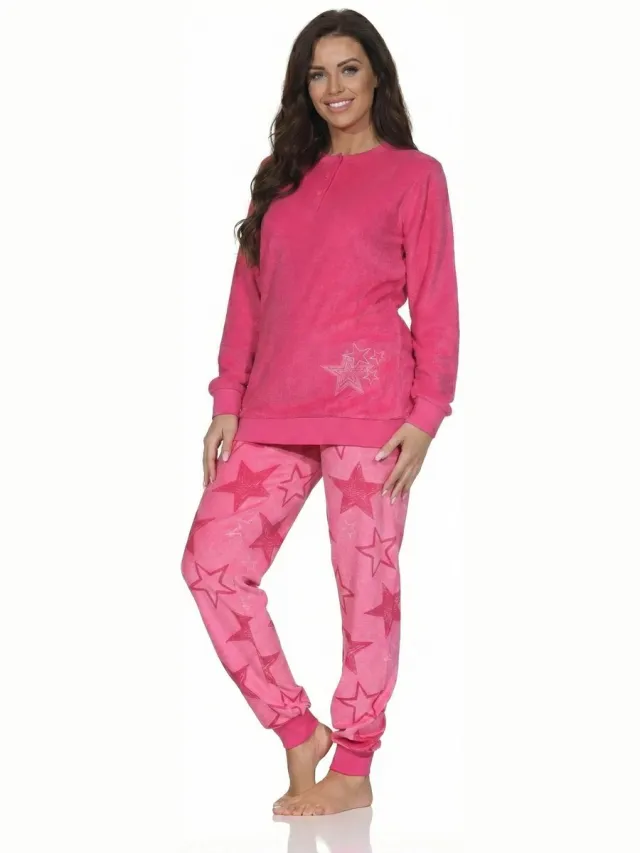 Normann dames badstof pyjama met lange mouwen in sterrendesign – ook in grote maten pink