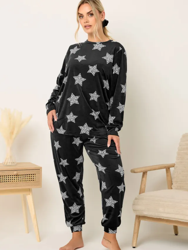 Yours Zwarte Sterrenprint Fleece Pyjama & Scrunchie Set-52 Black