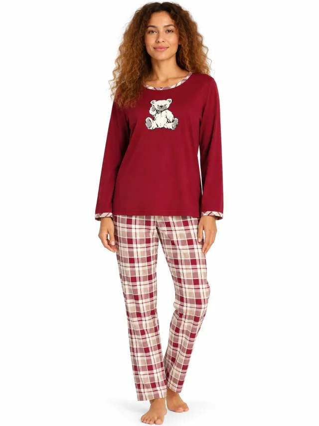 Comtessa Dames Pyjama - Donkerrood met Berenprint en Geruite Broek - 100% Katoen