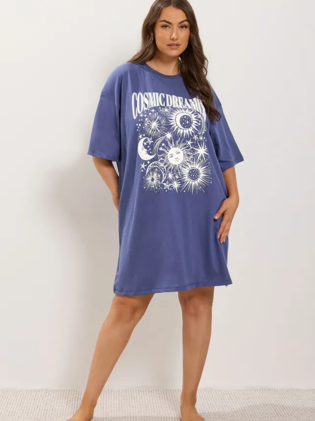 Yours Curve Marineblauw Slaapshirt Met Hemelprint-48 Blue