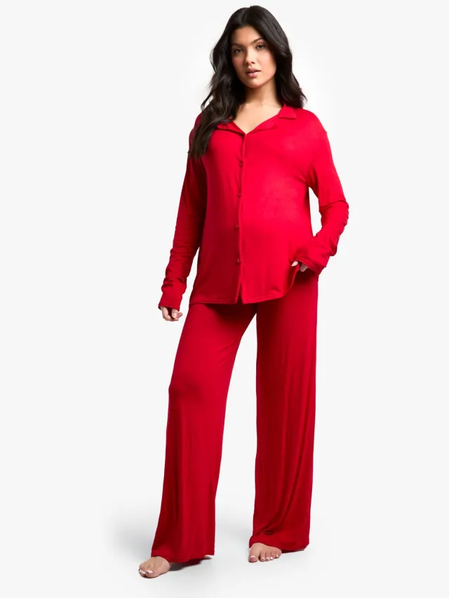 boohoo Dames Zwangerschaps Pyjama Set met Lange Mouwen Shirt & Broek Rood