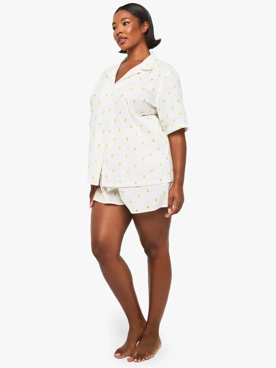 boohoo Dames Plus Lemon Print Waffle Shirt PJ Top Wit