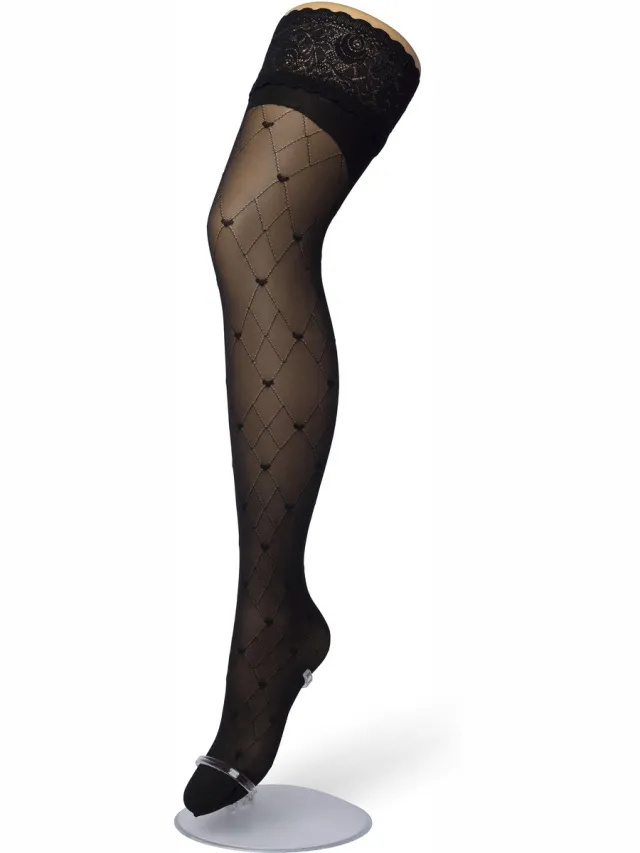Bonnie Doon Dames Hold Up met Hartjes Print maat L/XL Zwart - Brede Band met Siliconen - Little Hearts Hold Up - Zakt niet af - Bies aan Achterkant - Panty zonder Broekje - Siliconenrand - Blijven Perfect Plakken - Panty Kousen - Black - BP201705.101