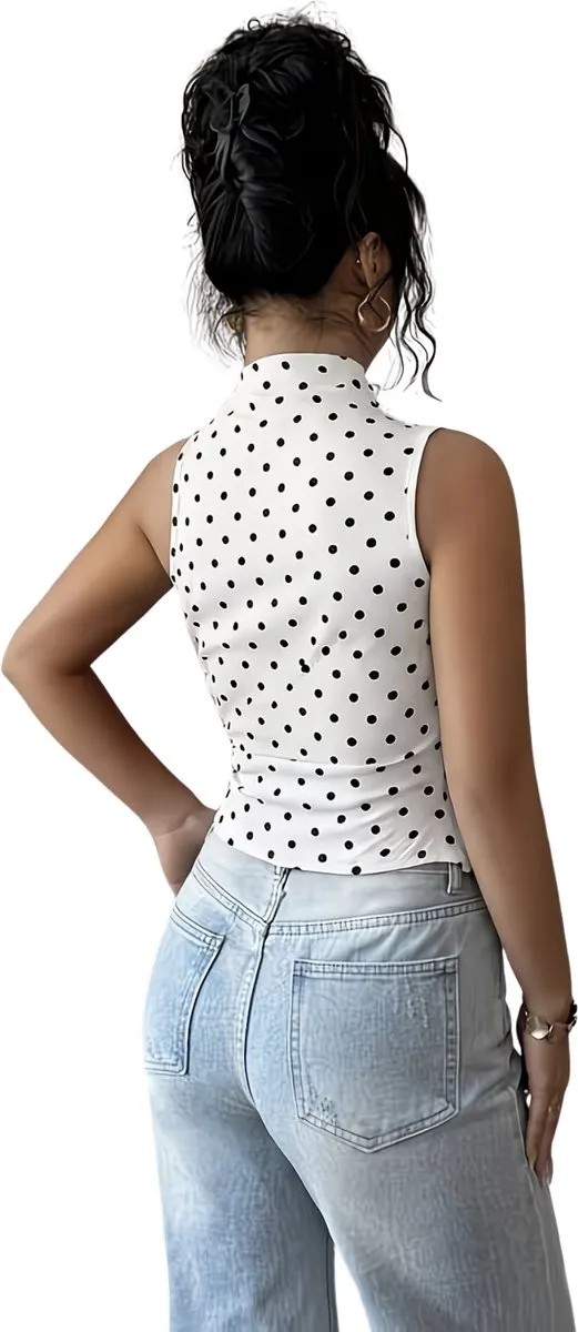 Currero Topje Dames Polkadots - Mouwloze Top - Singlet - Kleding - Shirt - Blouse - Kort - Volwassen Wit