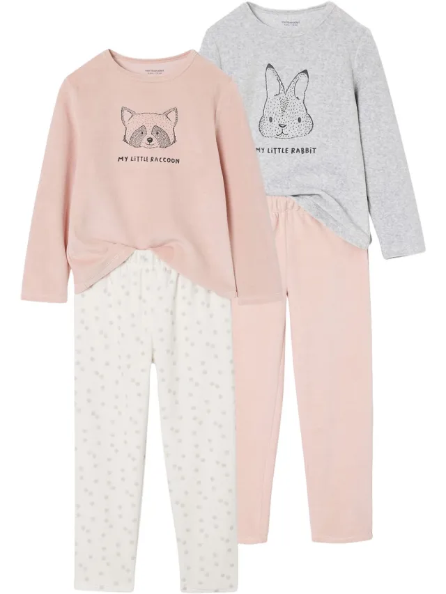 vertbaudet Set van 2 pyjama fluweel / velours dieren Meisje gemêleerd grijs