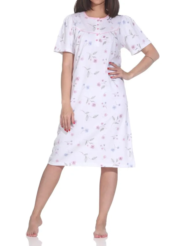Normann Dames Nachthemd korte mouw – Romantisch bloemendesign, knoopsluiting bij de hals rosa