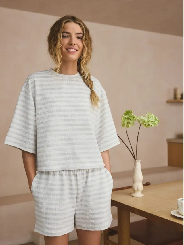 Next Dames - Kort pyjama met textuur - Grijs Grey Stripe
