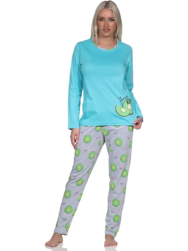 Normann damespyjama met lange mouwen en pyjamabroek in coole Allover Print türkis
