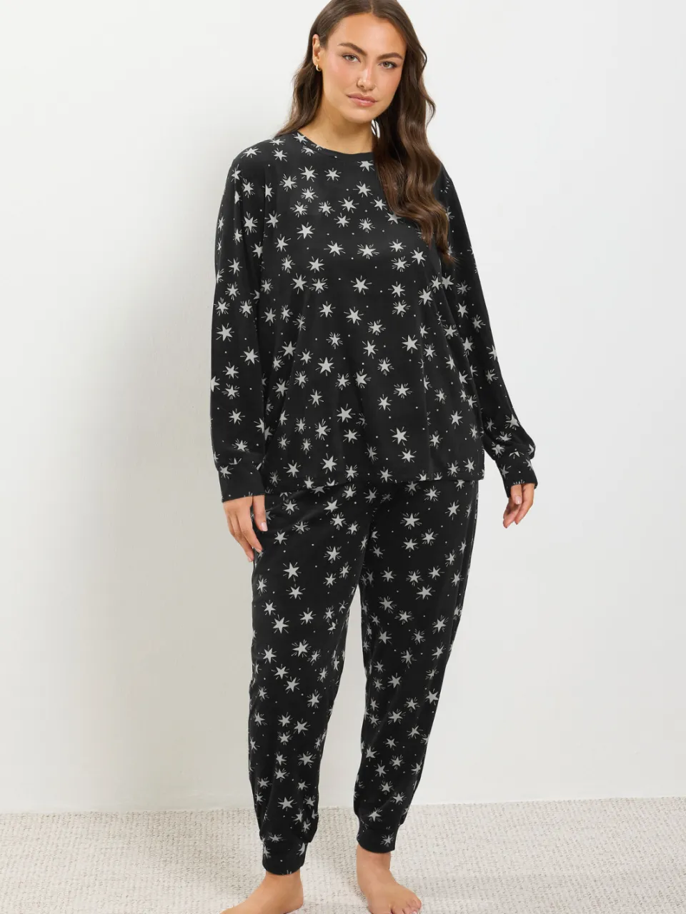 Yours Zwarte Zacht Aanvoelende Pyjamaset Met Sterrenprint-42 Black
