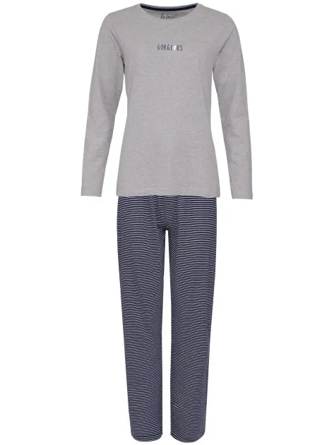 By Louise Dames pyjama set lang katoen grijs / donkerblauw gestreept Veelkleurig