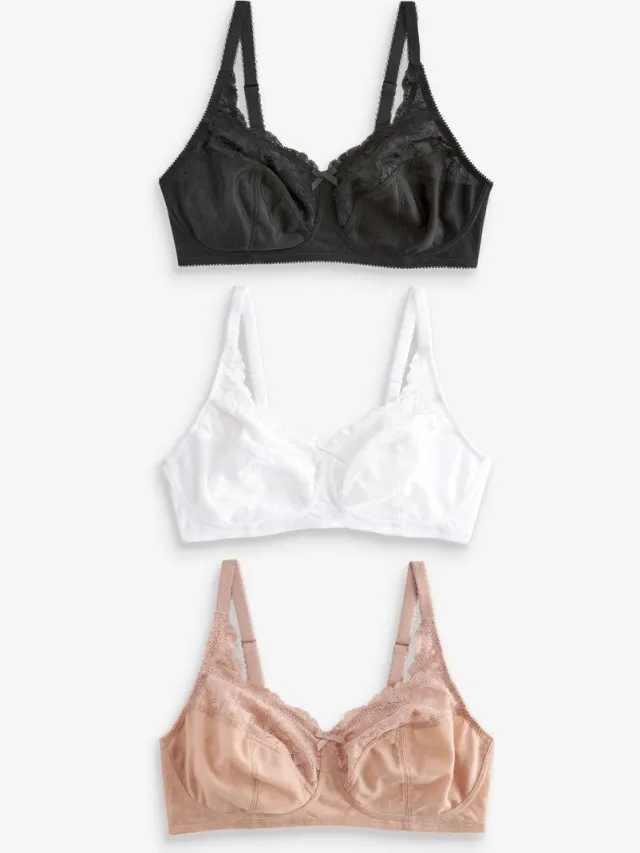 Next Dames - Set van 3 Ultimate Comfort beha's met kant en hele cups, zonder beugels - Zwart Black/White/Praline Nude