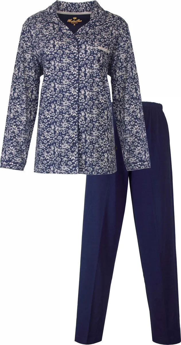 Medaillon Dames Pyjama - Doorknoop - Lange Mouwen - Blauw