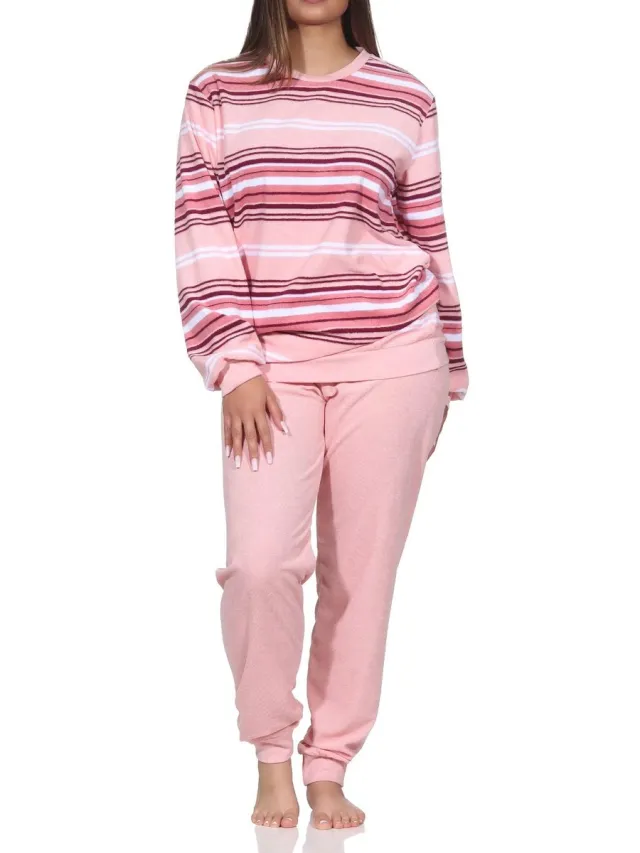 Normann Damespyjama in badstof met manchetten in een prachtig streepdesign - ook in overmaten rosa