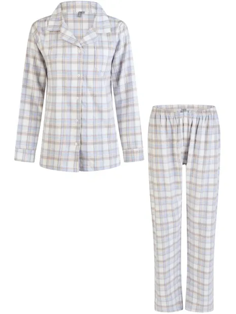 By Louise Dames pyjama set flanel lang met knoopsluiting blauw/wit geruit Veelkleurig