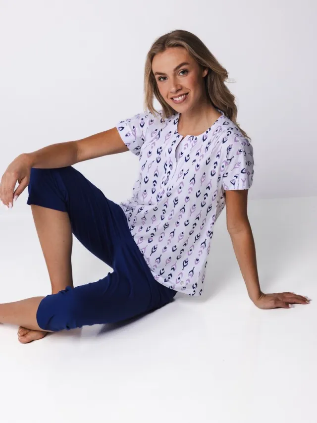 Pastunette Pyjama - Purple Haze - Katoen - Wit/Blauw - Knoopsluiting