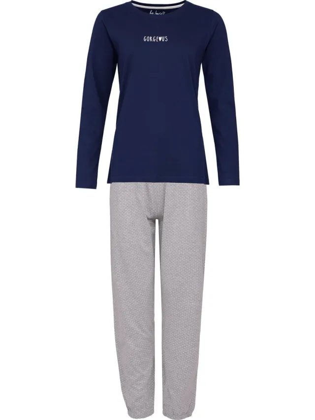 By Louise Dames Pyjama Set Lang Katoen Donkerblauw / Grijs Gestipt