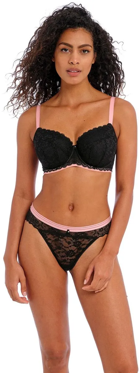 Freya Off Beat BH – Padded Half Cup – Zwart met Roze Accenten – Luxe Kant – Met Beugel – Comfortabele Pasvorm - 75-90 G-cup