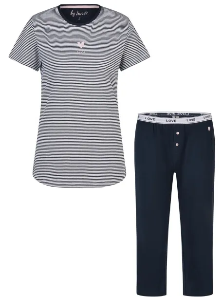 By Louise Dames korte mouwen capri pyjama set lang donkerblauw gestreept Veelkleurig