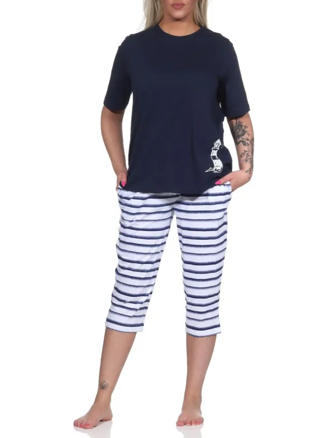 Normann Maritieme dames capri pyjama met korte mouven, top met vuurtorenmotief, ook in overmaat marine