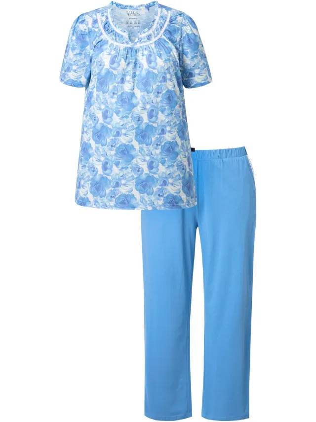 Ulla Popken Dames - Pyjama rozen kant ronde hals korte mouwen - Hemelsblauw - Maat 54+