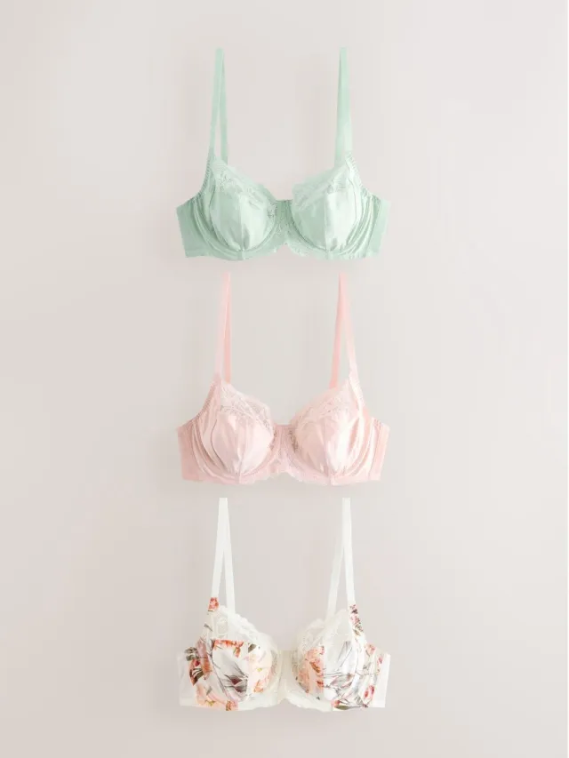 Next Dames - Set van 3 DD+ beha's zonder vulling met volledige cups - Crème Cream Floral/Green/Pink