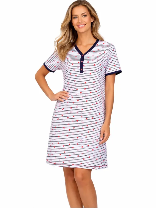 Comtessa Dames Nachthemd Korte Mouw – Donkerblauw Gestreept - 100% Katoen Gestreept, donkerblauw, wit