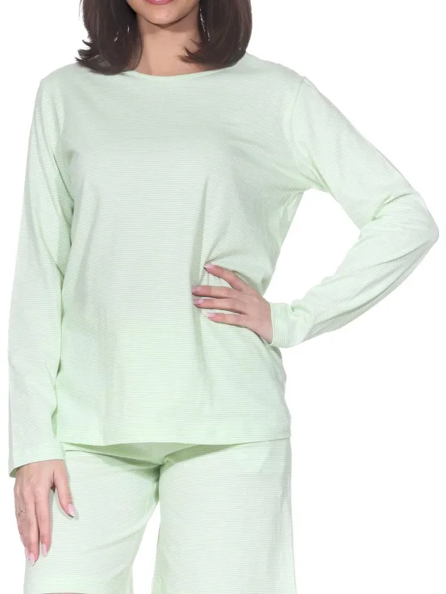 Normann Damespyjamashirt met lange mouwen mix & match streifen_grün