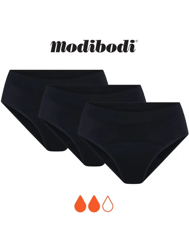 Modibodi Menstruatie Ondergoed Normaal Absorberend Tiener Zachte Stretch Naadloze Hipster Bikinislip 3-Pack Zwart Y12-14