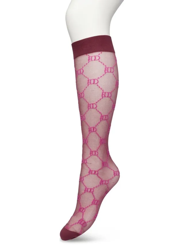Bonnie Doon Dames Geruite Panty Kniekousen Roze/Paars - Knie Kousen 20 denier - Ruitjes - Ruiten - Print - Uitstekend draagcomfort - Bonnie Doon Knee High - Kniesokken - Zakt niet af - OEKO-TEX - Crushed Violets - BP221801.192