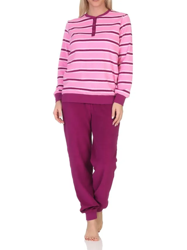 Normann Damespyjama in badstof met manchetten in een prachtig streepdesign - ook in overmaten pink
