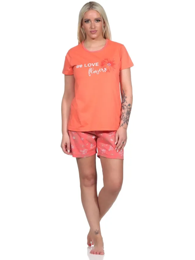 Normann Shorty damespyjama met bloemenprint apricot