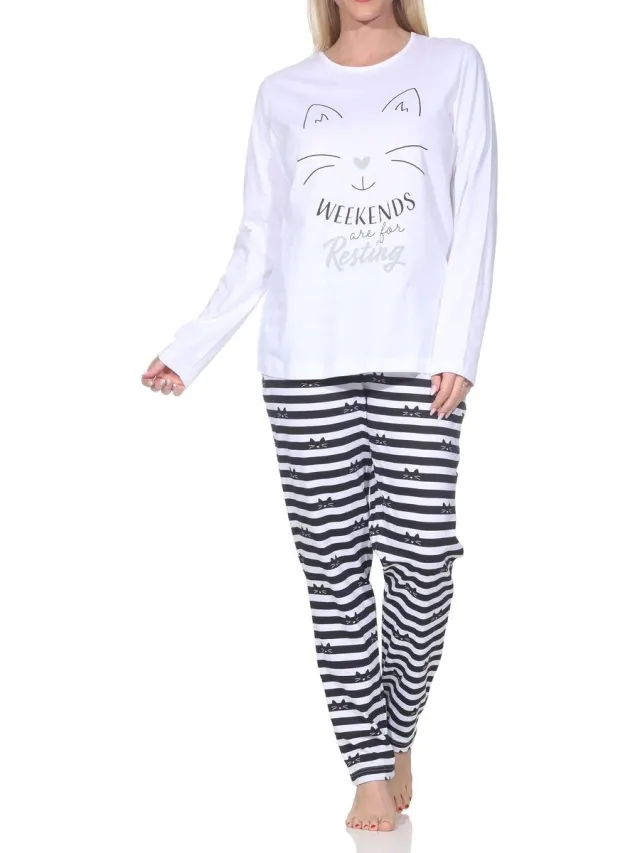 Normann dames pyjama met lange mouwen in kattenlook – ook in grote maten weiß