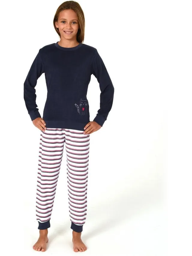Normann Meisjespyjama, badstof pyjama met manchetten en een schattig motief - gestreepte look navy