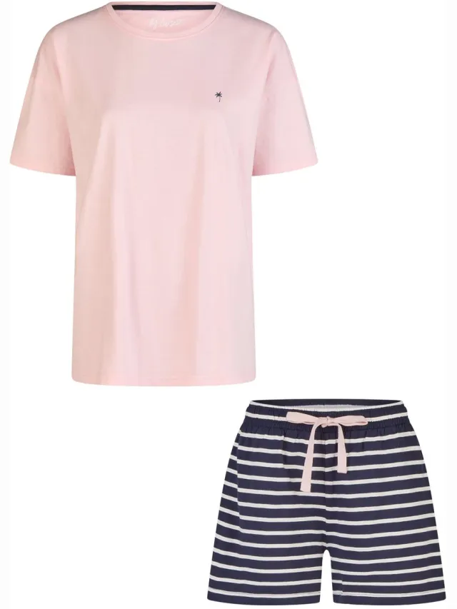By Louise Dames Korte Pyjama Set Shortama Roze/Donkerblauw
